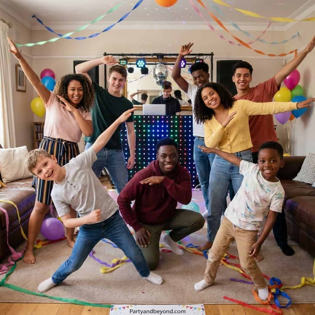 Kids having fun at a birthday party with colorful decorations and dancing.