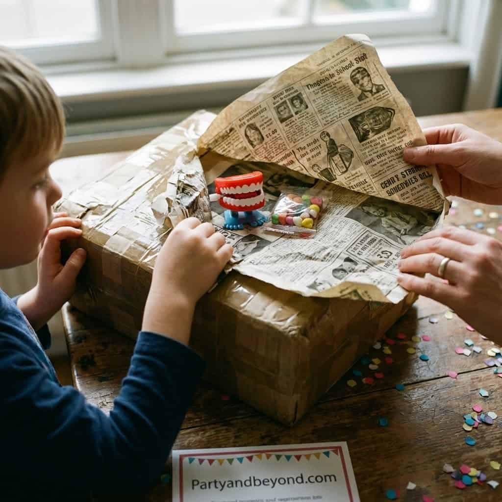 Kids opening a birthday gift with colorful candies and confetti.