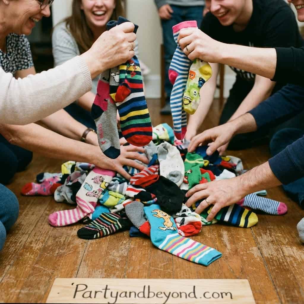 Kids playing sock game at birthday party with colorful socks.
