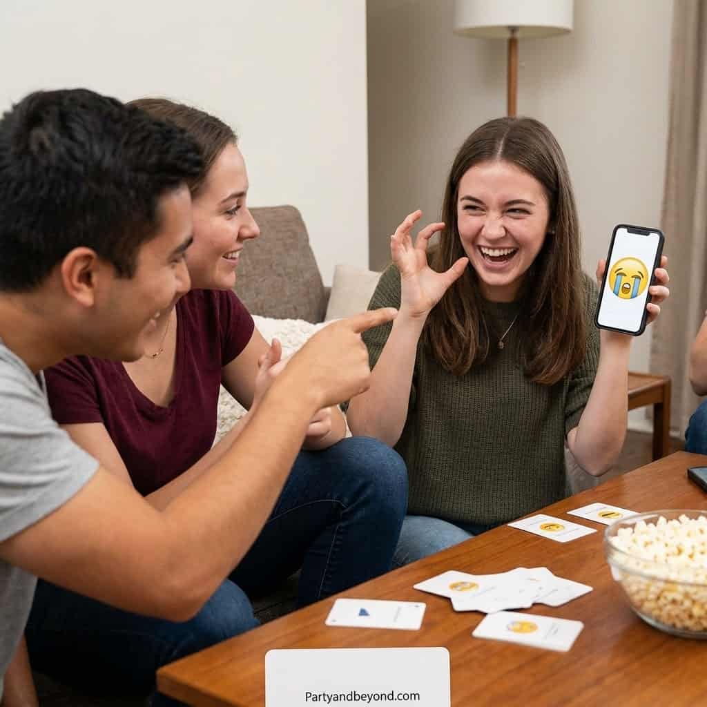Kids laughing and playing a fun birthday game with a smartphone at a party.
