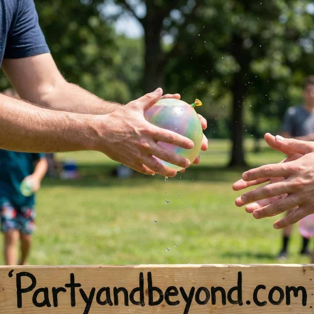 Kids playing water balloon game at outdoor birthday party.