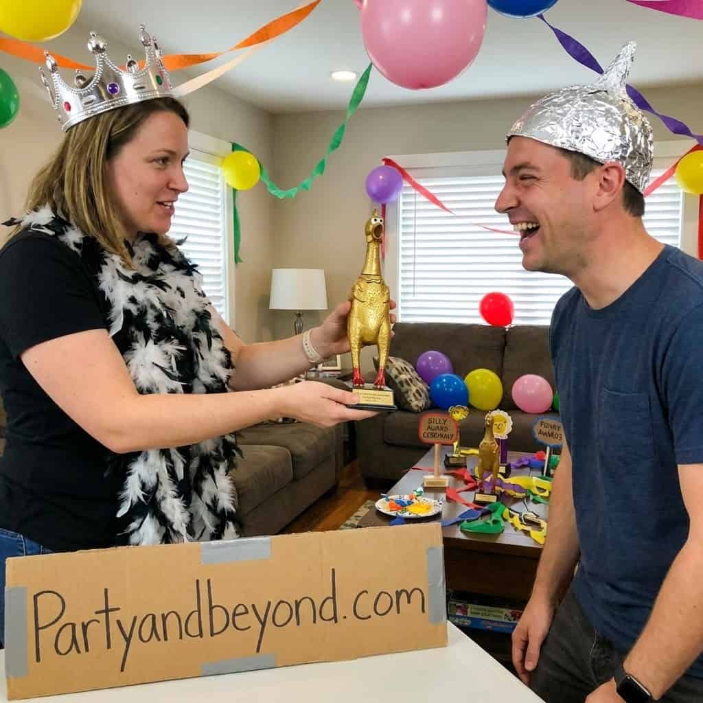 Kids and adults celebrating with party hats and decorations at a birthday party.