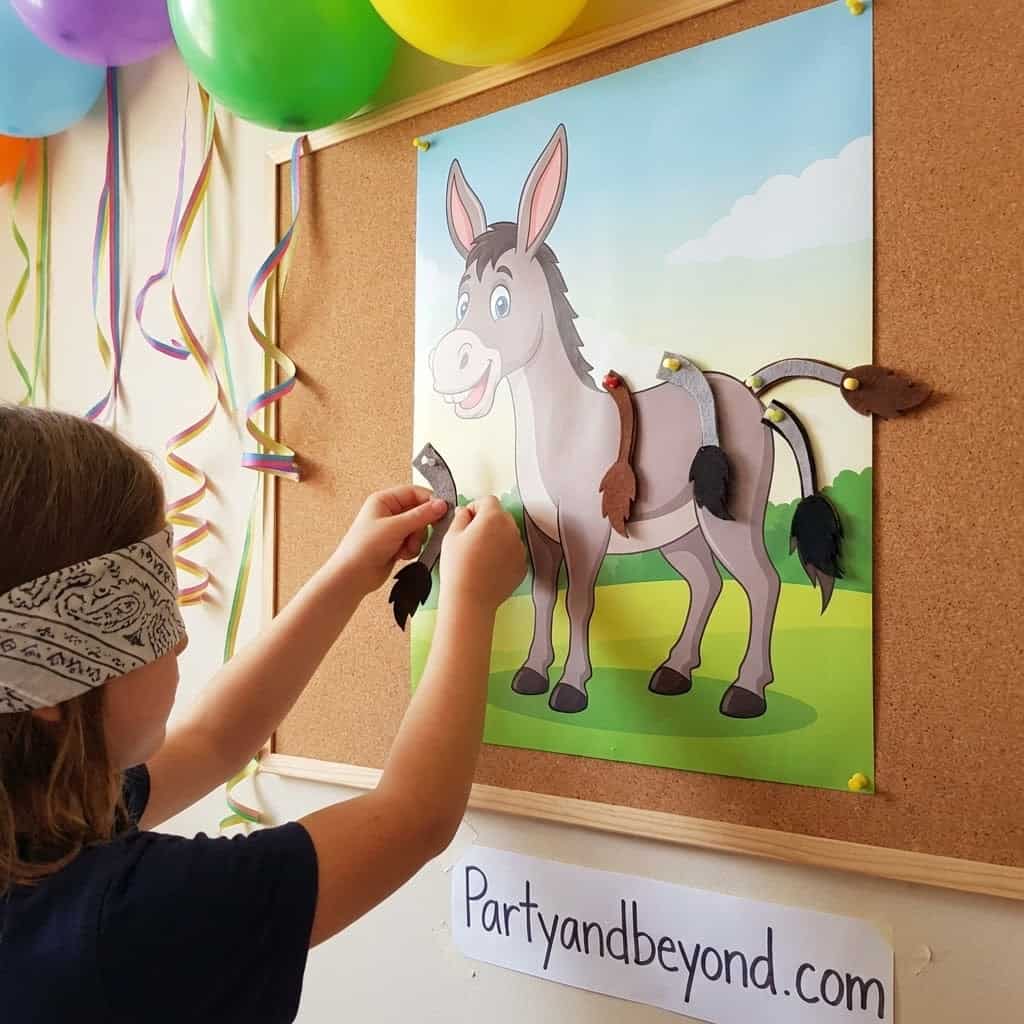 Interactive donkey game for kids' birthday parties.