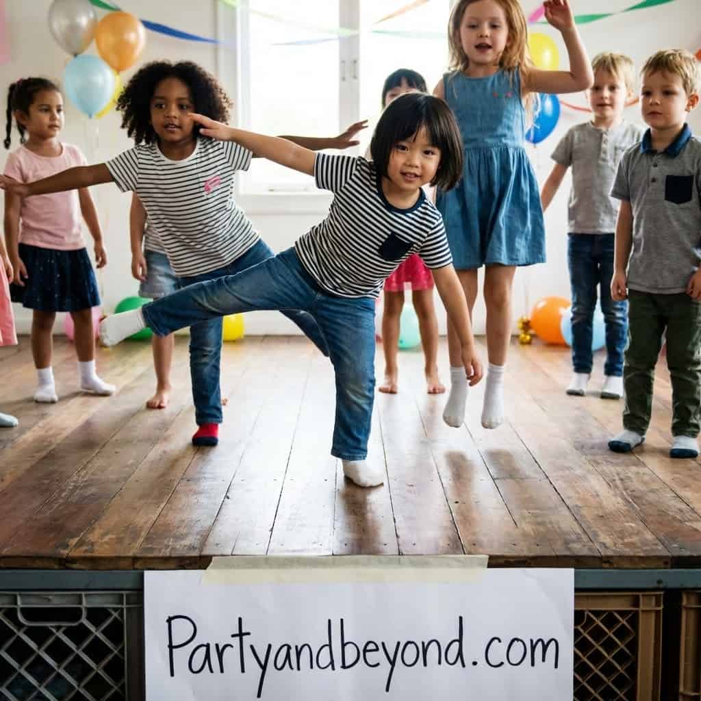 Kids playing indoor birthday party games on a decorated stage.