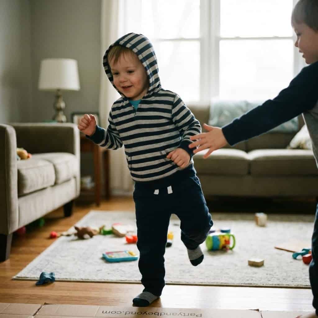 Kids playing indoor birthday party games in a cozy living room.