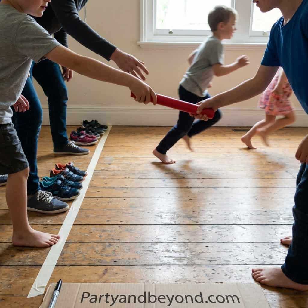 Children playing tug-of-war during an indoor birthday party game.