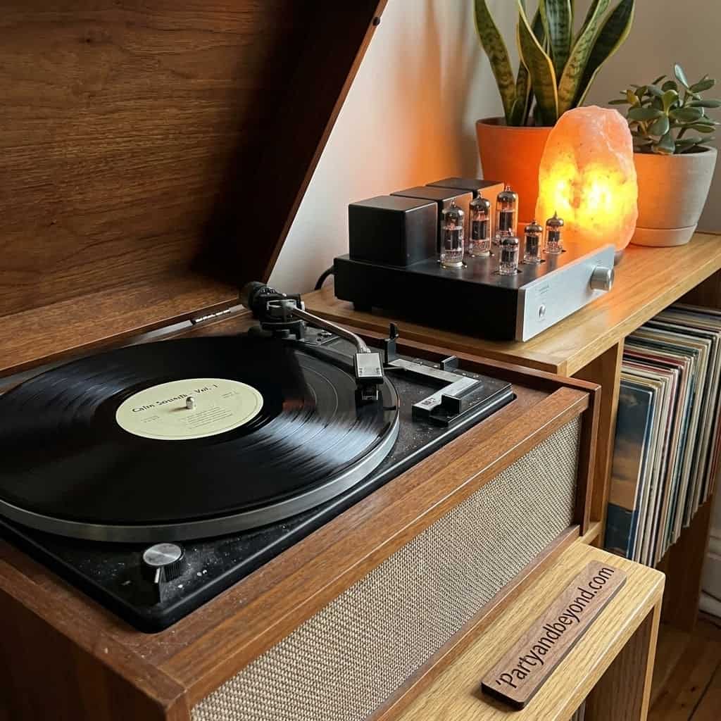 Vintage turntable playing music at kids' spa party.