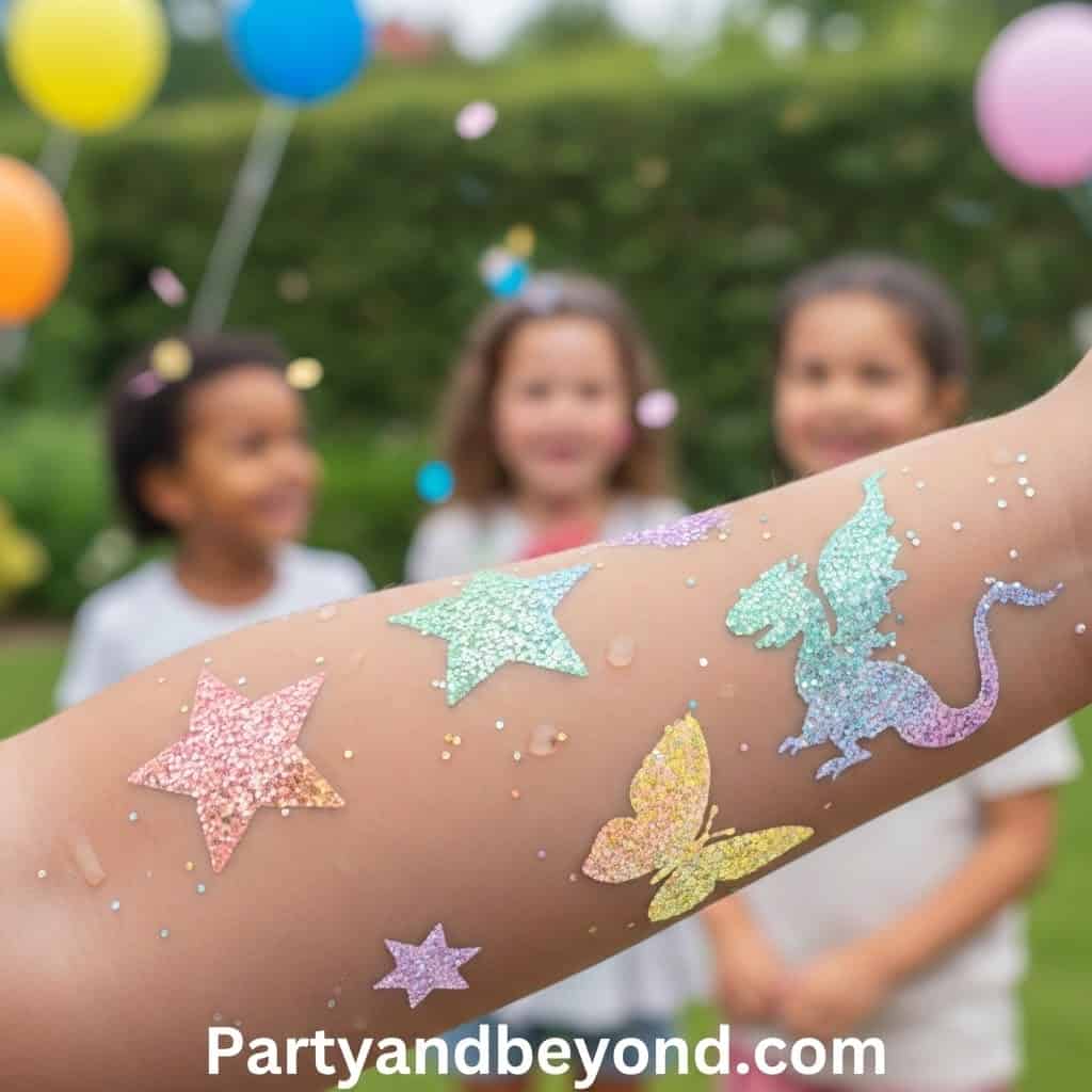 Colorful glitter tattoos for kids' spa party.