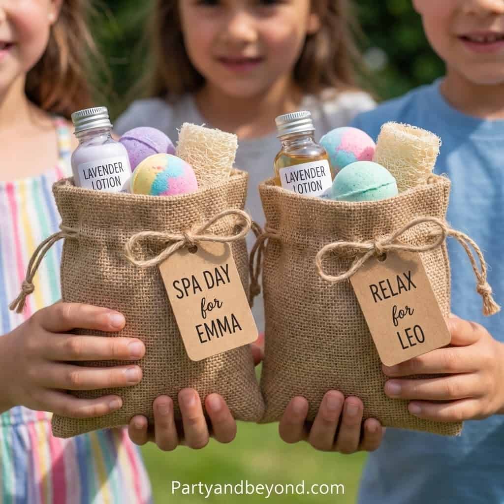 Relaxing spa party favors for kids with lavender lotion, bath bombs, and cozy towels. Perfect for fu.