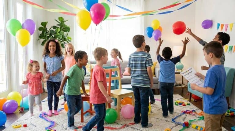 Children playing with balloons at indoor birthday party.