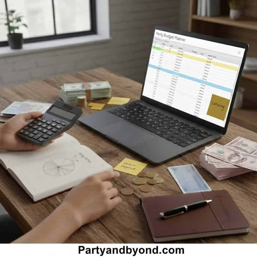 Planning a party budget with calculator, cash, and planner on wooden table.