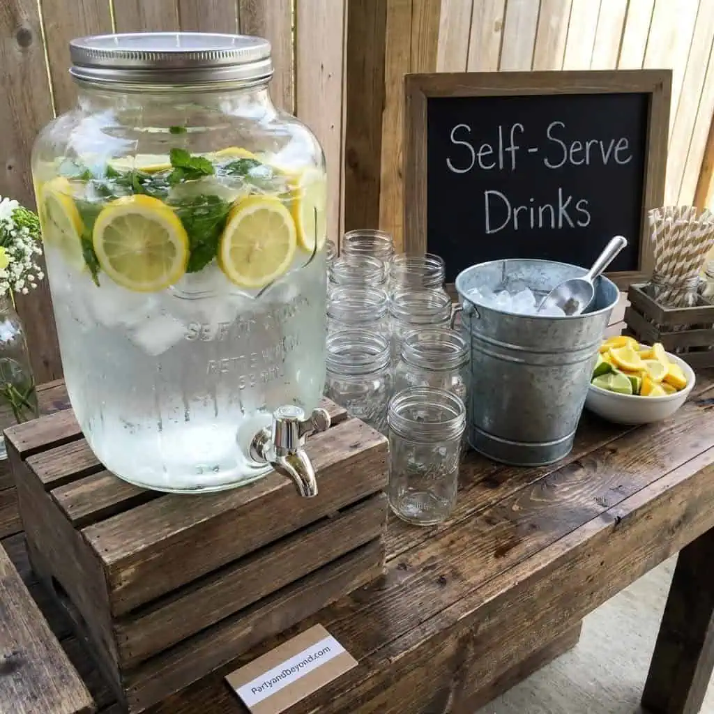 Self-serve drinks station with lemon-infused water and glasses for a stylish party setup.