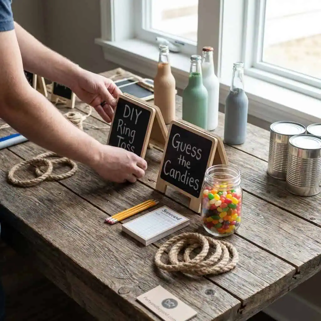 DIY party game setup with candy guessing and ring toss on rustic table.