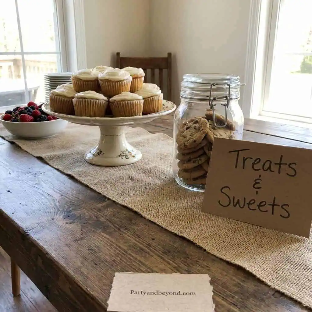 Delicious cupcakes and cookies on a rustic table for a party or event.