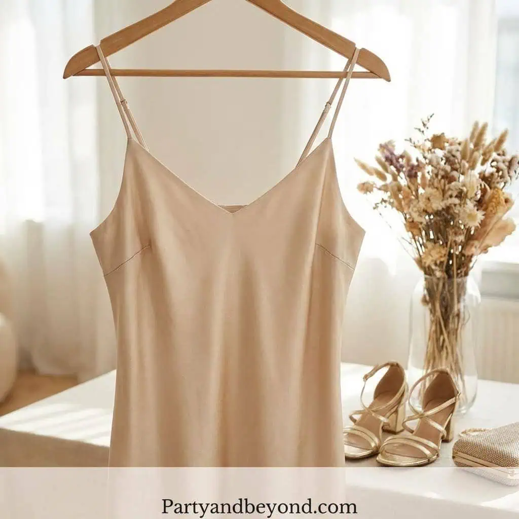 Elegant beige party dress for 16th birthday celebrations.