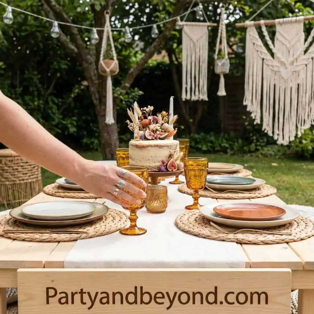 Outdoor garden birthday party setup with elegant tableware and decorations.