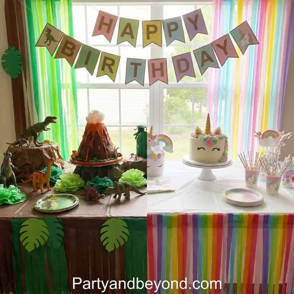 Birthday party decoration with dinosaurs and rainbow-themed cake.