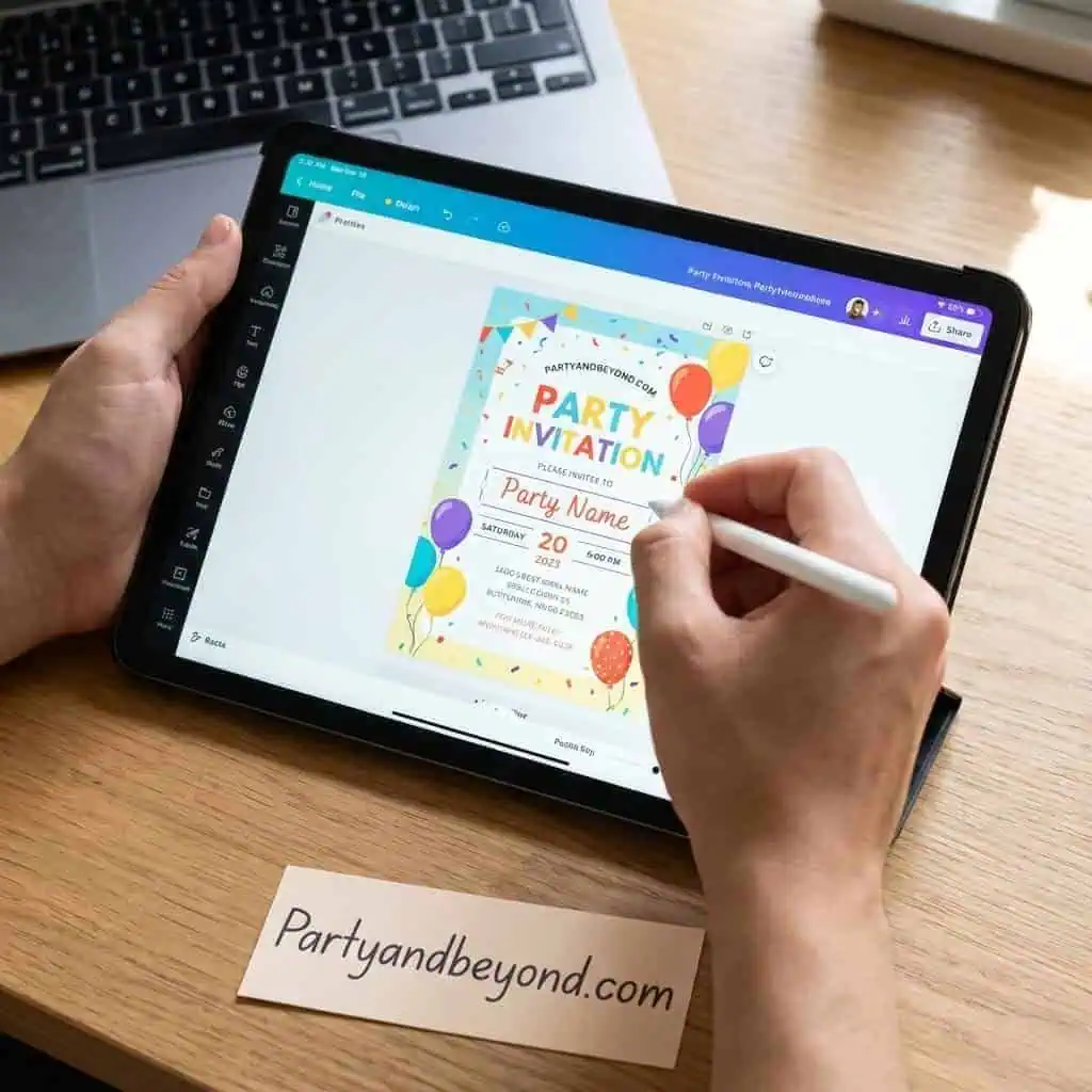 Digital party invitation design on tablet for DIY event planning.
