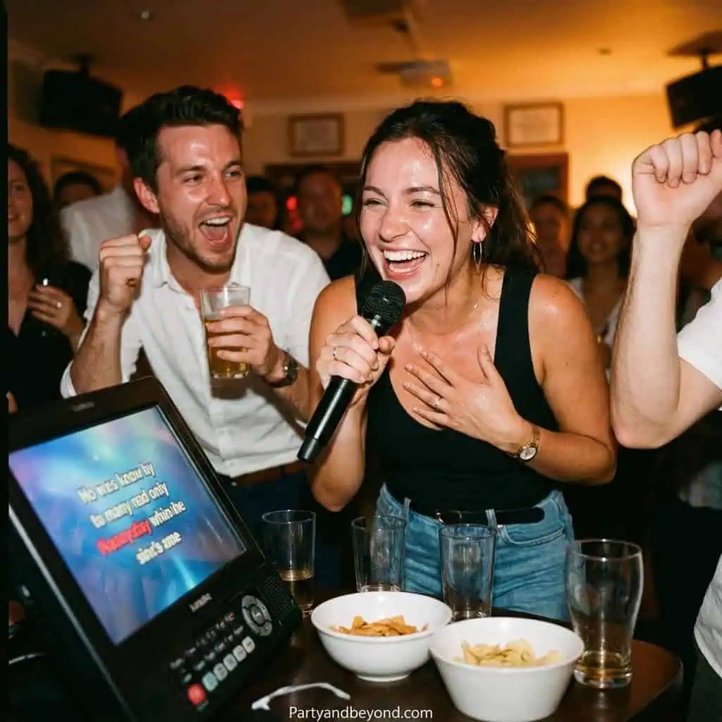 People enjoying karaoke at a lively house party with friends.