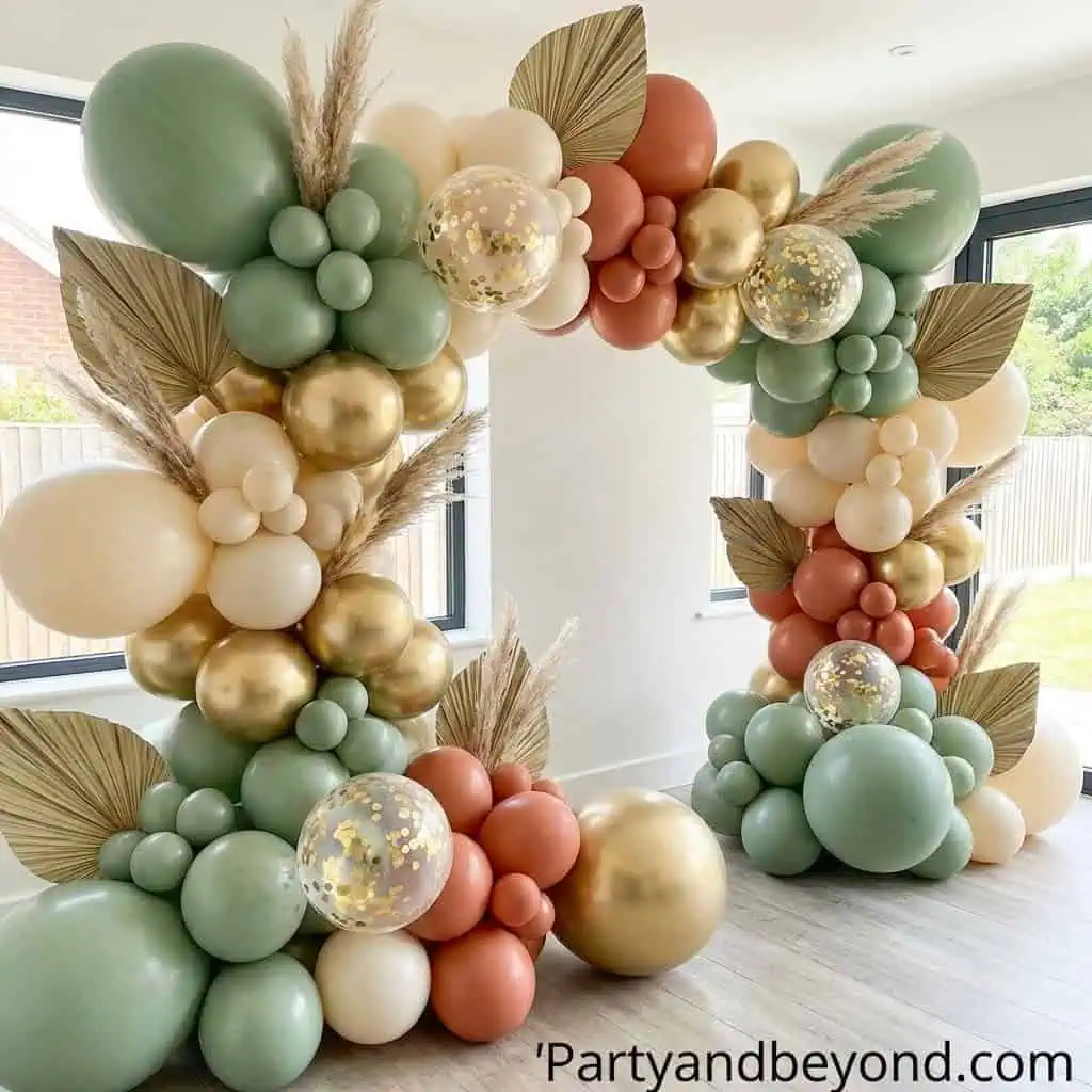 Elegant balloon arch with pastel colors and gold accents for birthday celebrations.