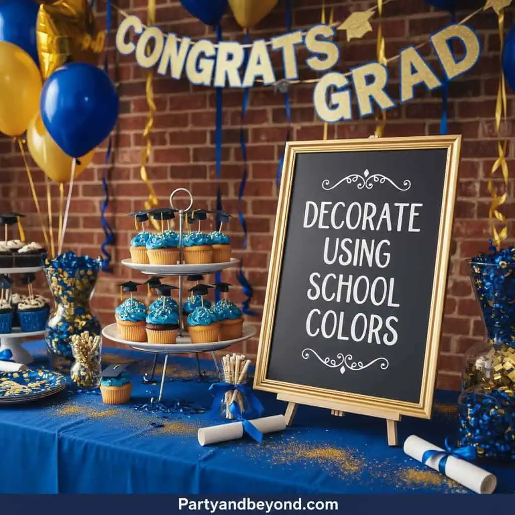Graduation party decoration with blue cupcakes and balloons.