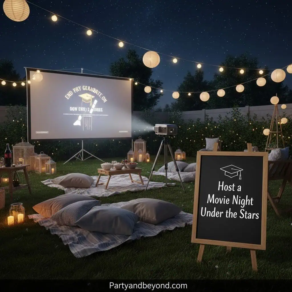 Outdoor movie night setup with cozy seating and starry sky.