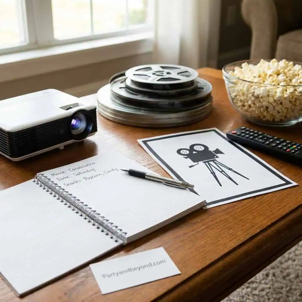 Easter party planning setup with projector, popcorn, and drawing supplies.