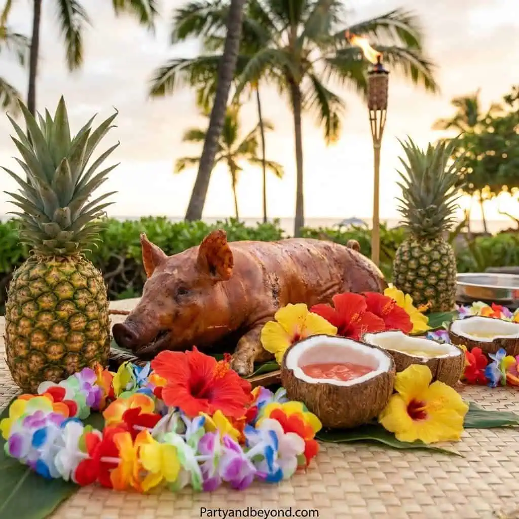 Tropical pig roast with pineapples and flowers for summer party.