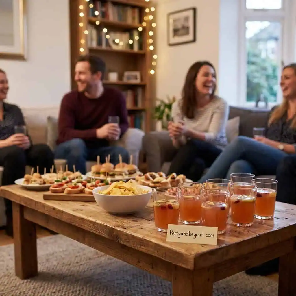 Friends enjoying a budget-friendly DIY party with snacks and drinks at home.