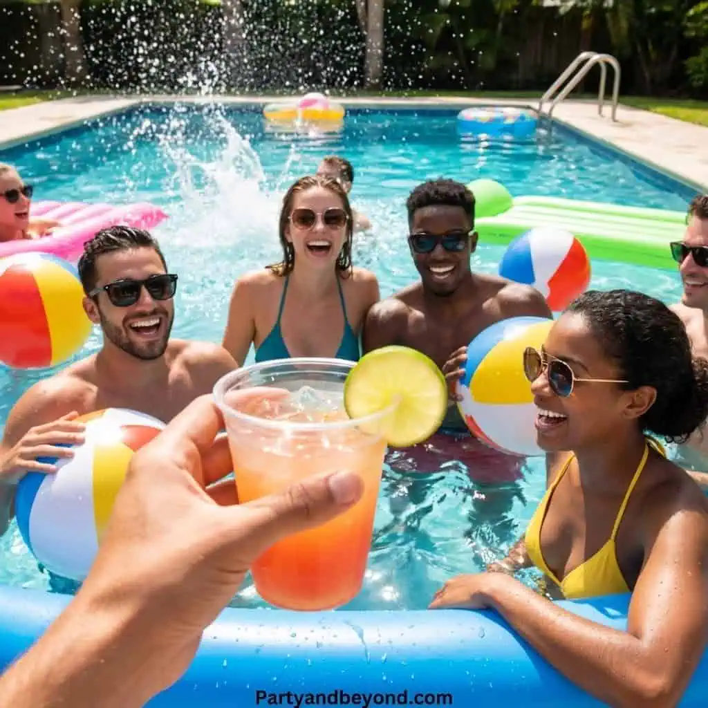 Poolside summer birthday celebration with friends and colorful beach balls.