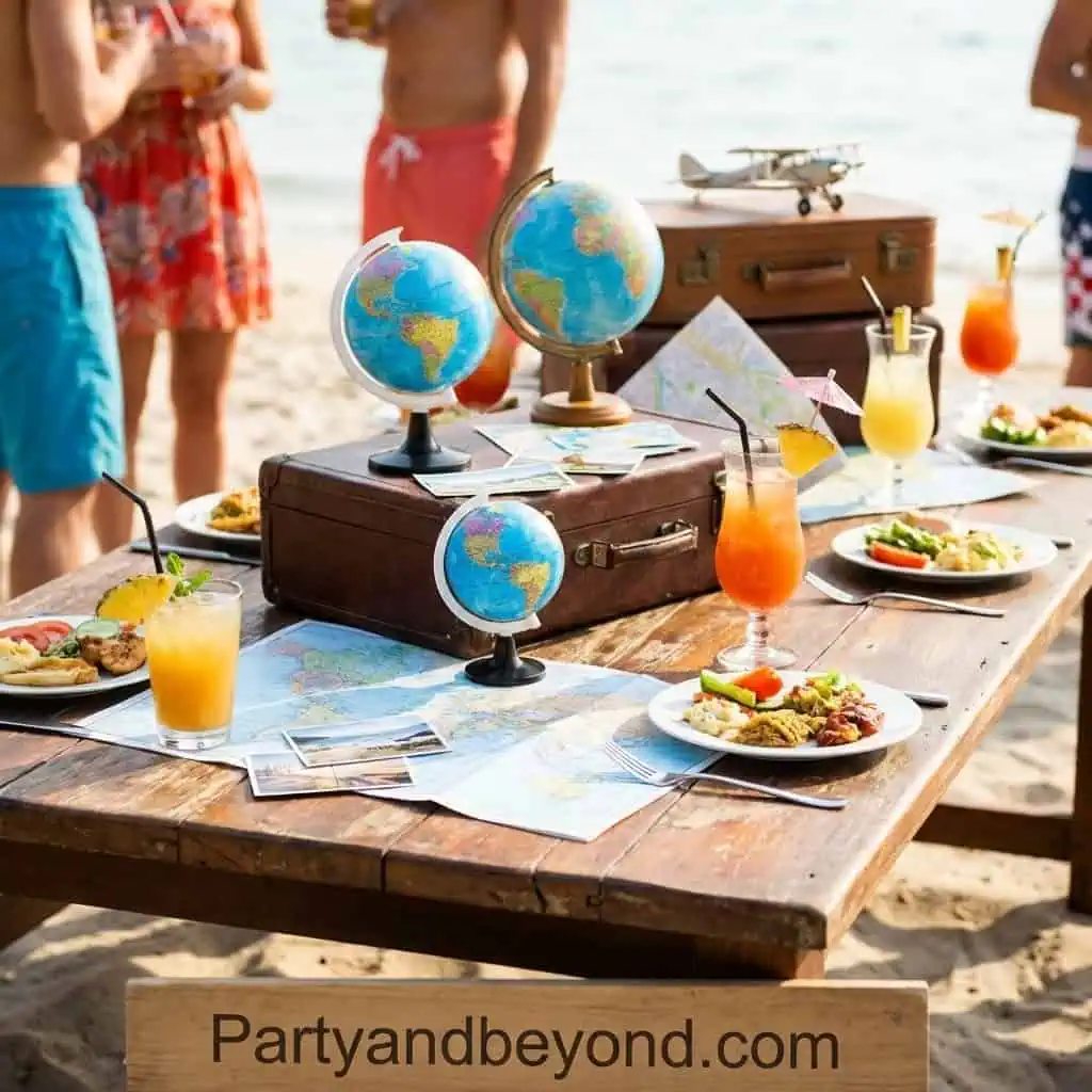 Beach birthday party setup with globes, travel-themed decor, and tropical drinks.