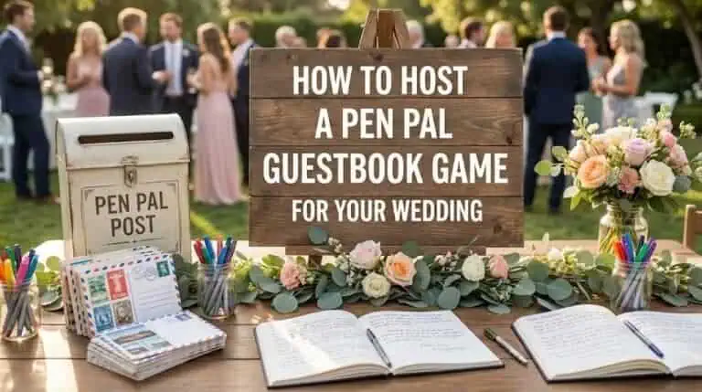 Wedding guestbook pen pal game station with flowers and writing supplies.