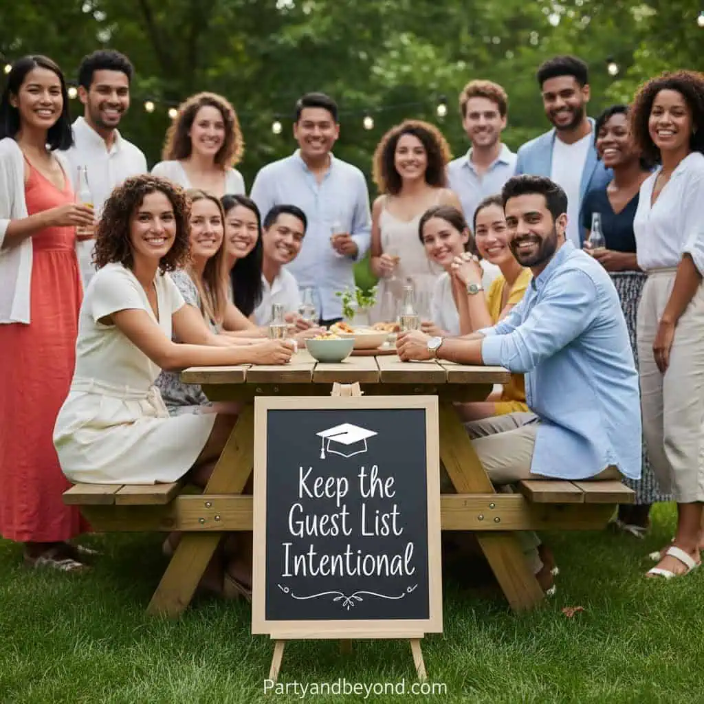 Group of diverse friends celebrating graduation outdoors with a guest list sign.