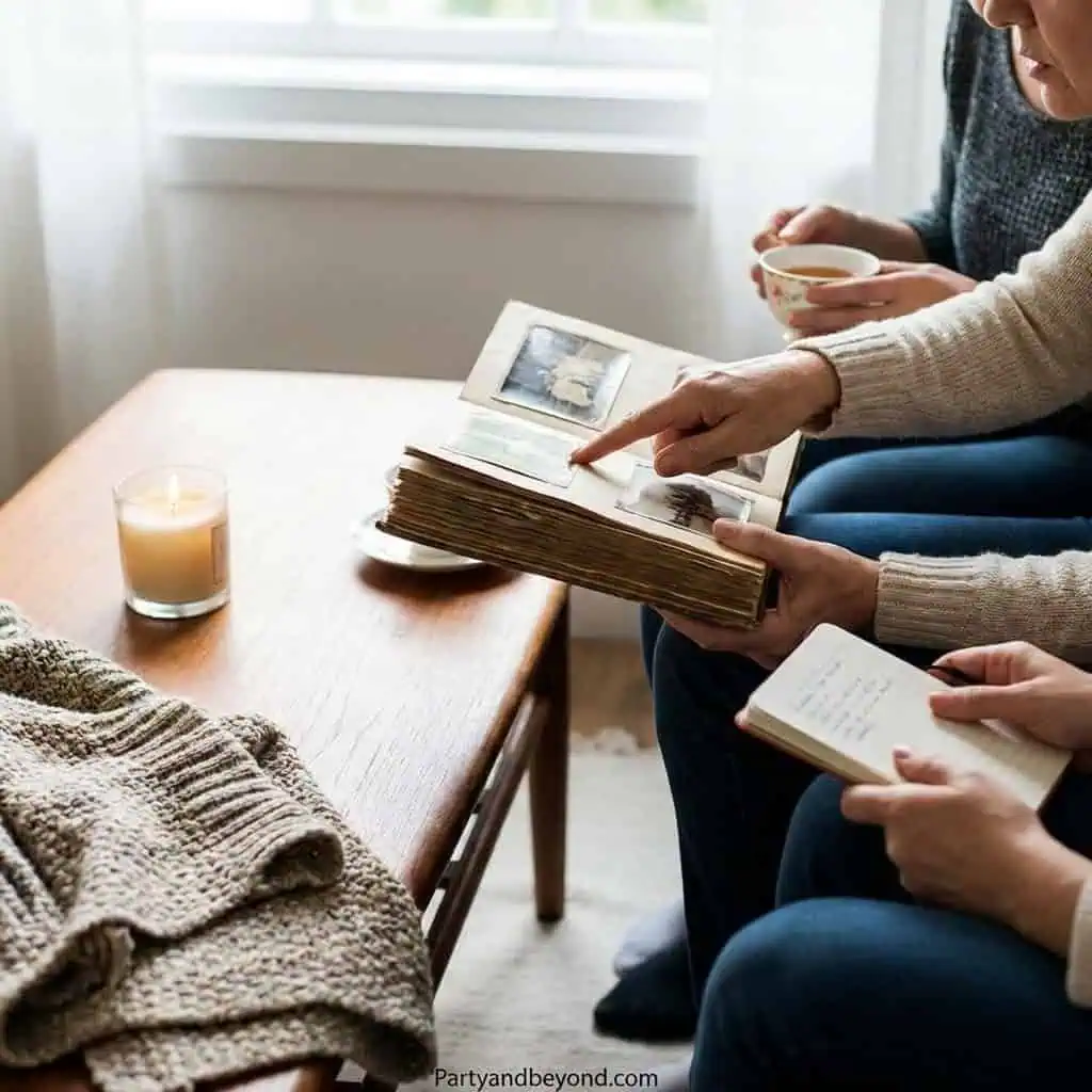Cozy indoor scene with friends enjoying drinks and reading books, perfect for relaxing beach-themed.
