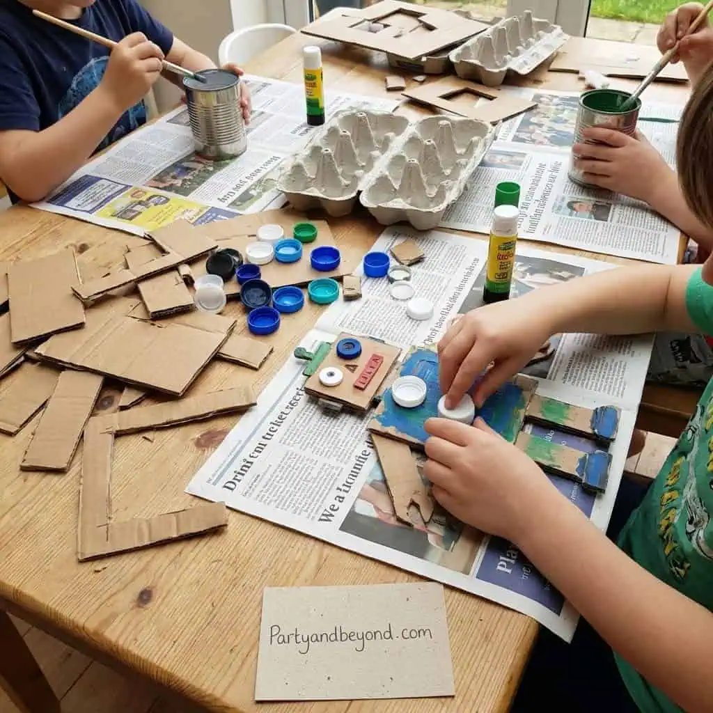 Kids crafting trash truck models with recycled materials for a fun birthday activity.