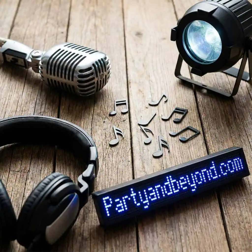 Microphone, headphones, and stage light for party entertainment.