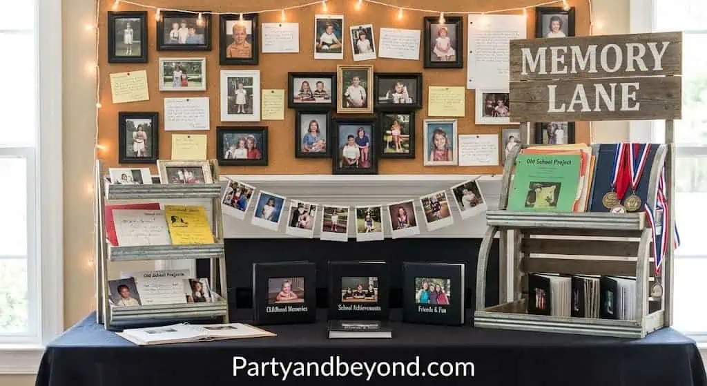 Memory lane display with photos and memorabilia for 15th birthday celebration.