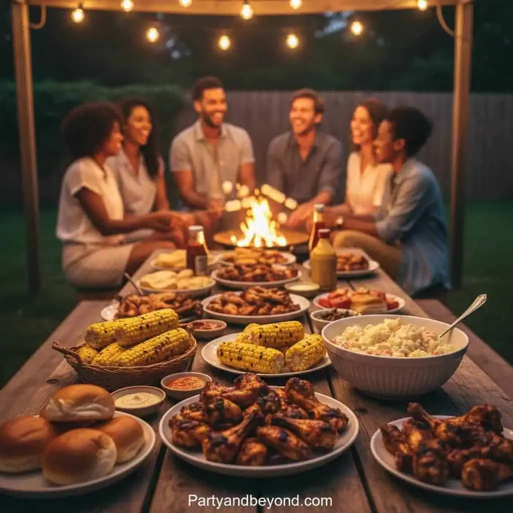 Outdoor birthday party with friends and delicious food.