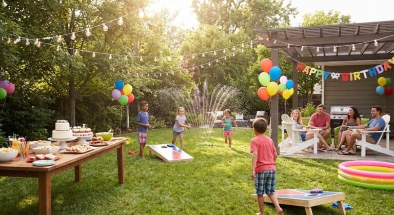Outdoor backyard birthday celebration with kids playing and water games, colorful balloons, and fest.