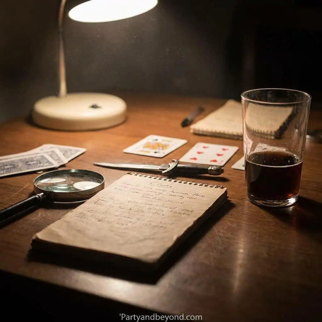 Detective-themed game night setup with cards, notebook, and drink on a wooden table.