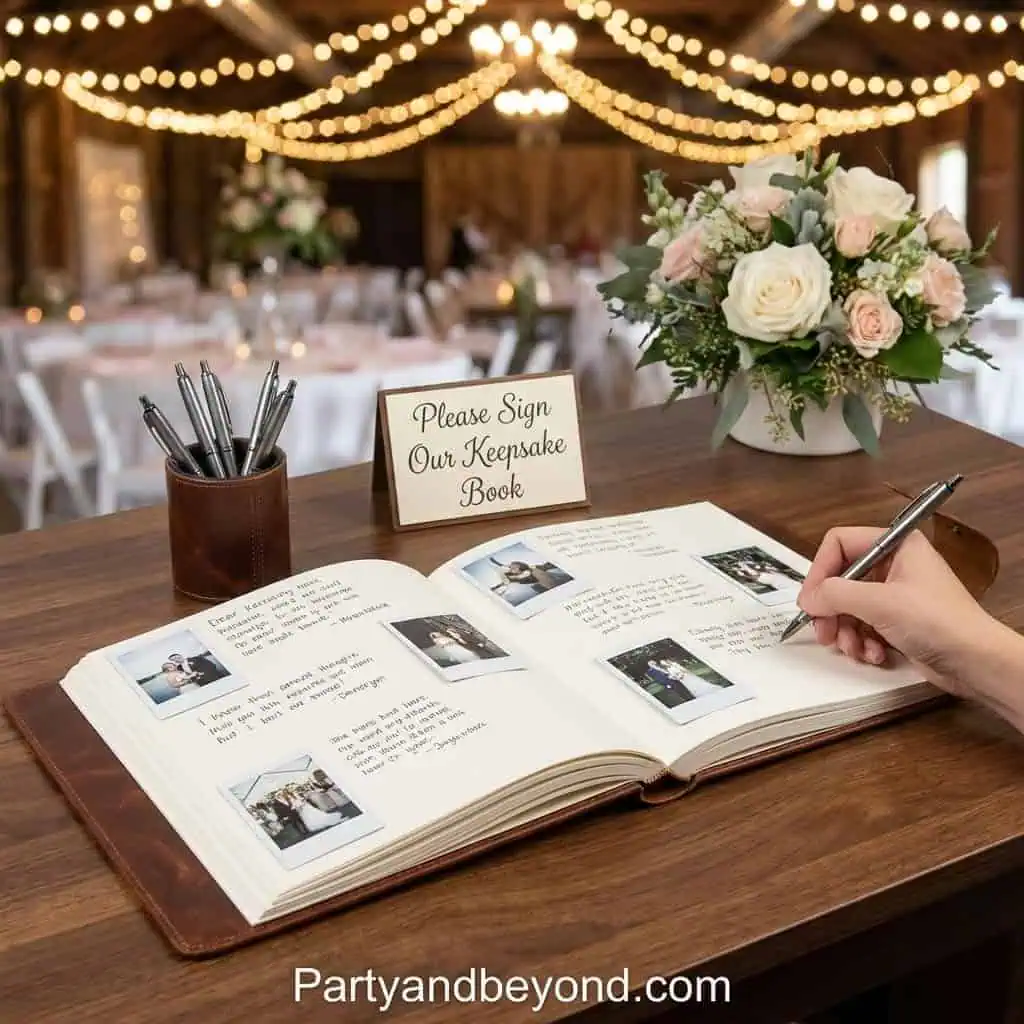 Graduation party guestbook sign-in station with floral decor and elegant ambiance.