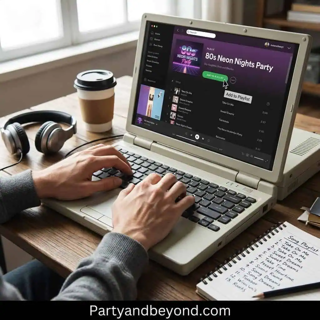 Person creating a playlist on a vintage laptop for a stylish birthday party.