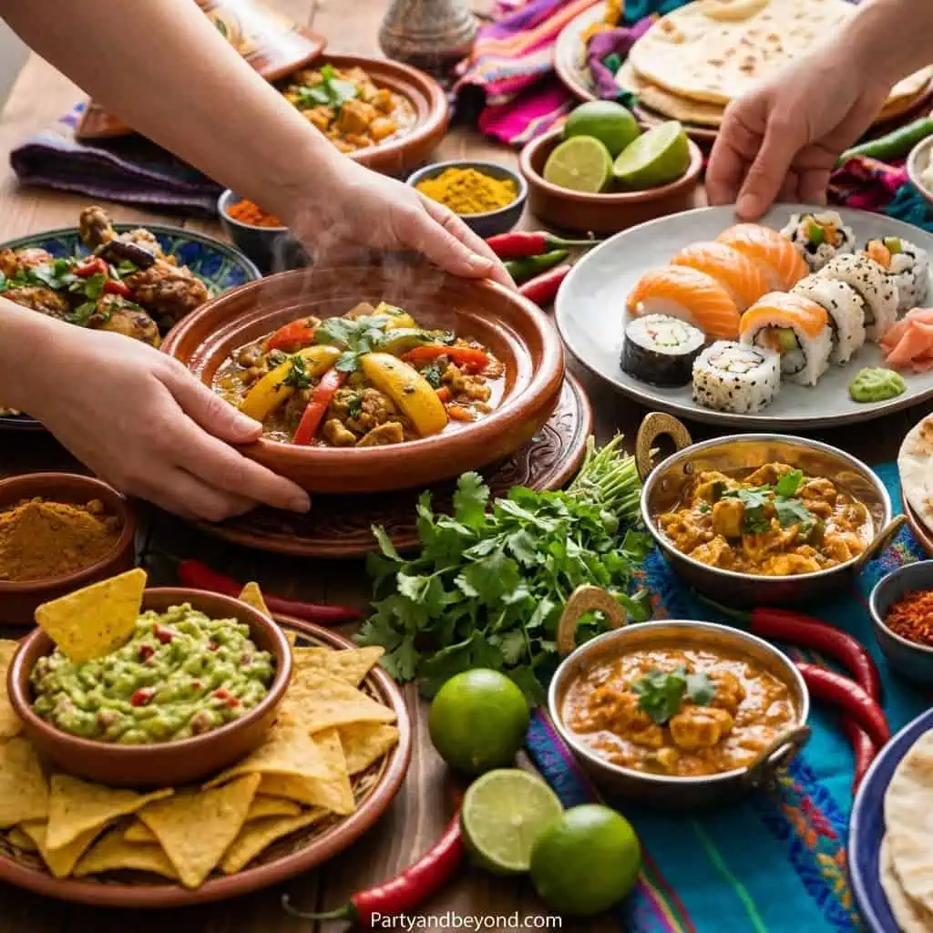 Delicious Mexican-inspired party food with tacos, guacamole, and salsas for a stylish adult birthday.