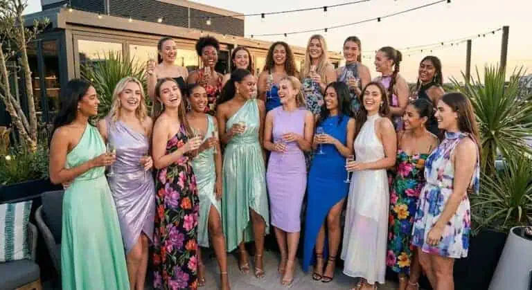 Group of women celebrating at a party on a rooftop terrace.
