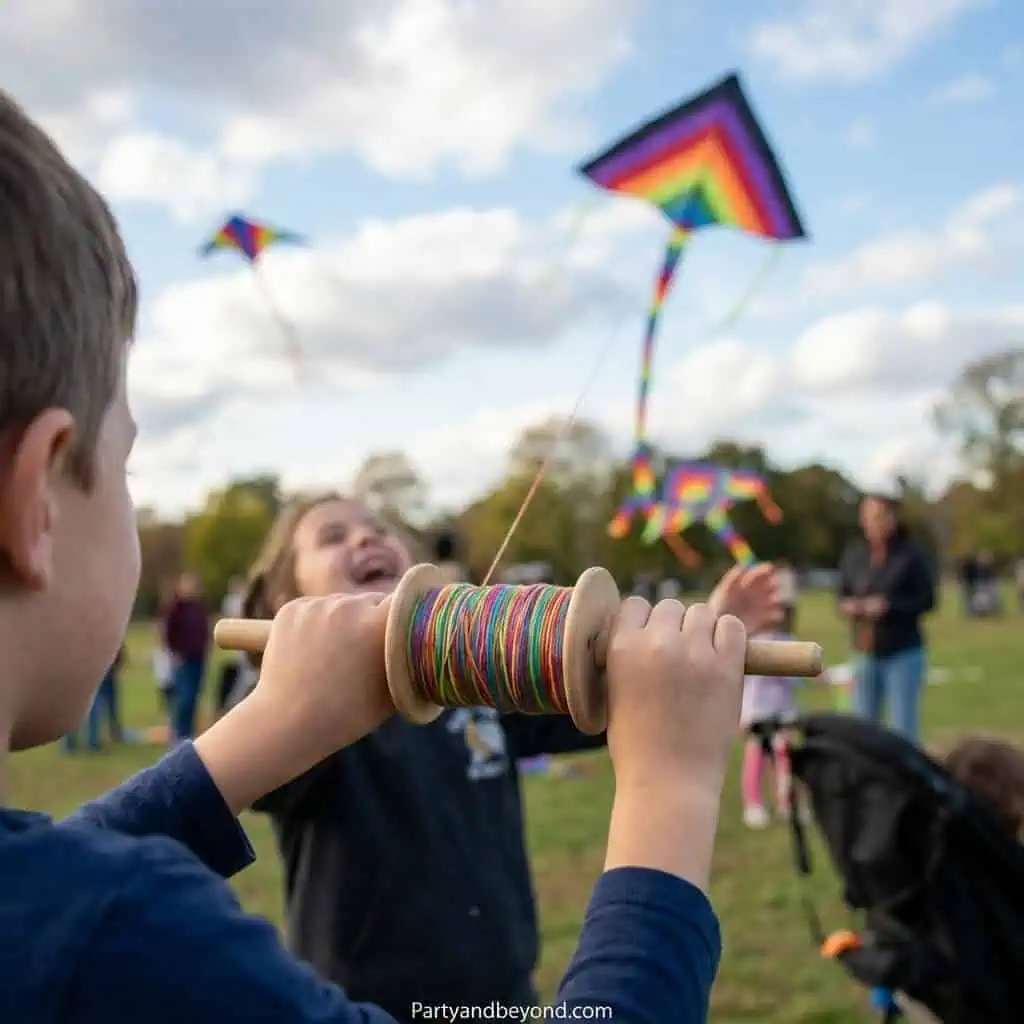 Colorful kite flying at kids' spring birthday party.