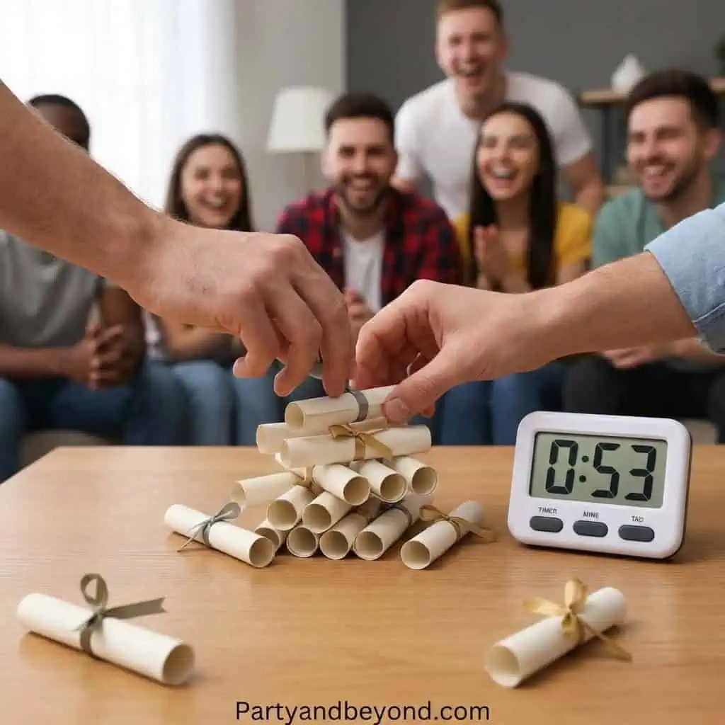Indoor Graduation Party Game with Rolled Paper Trophies.