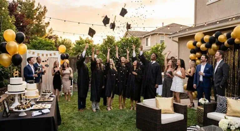 Graduation party with graduates throwing caps in the air outdoors.