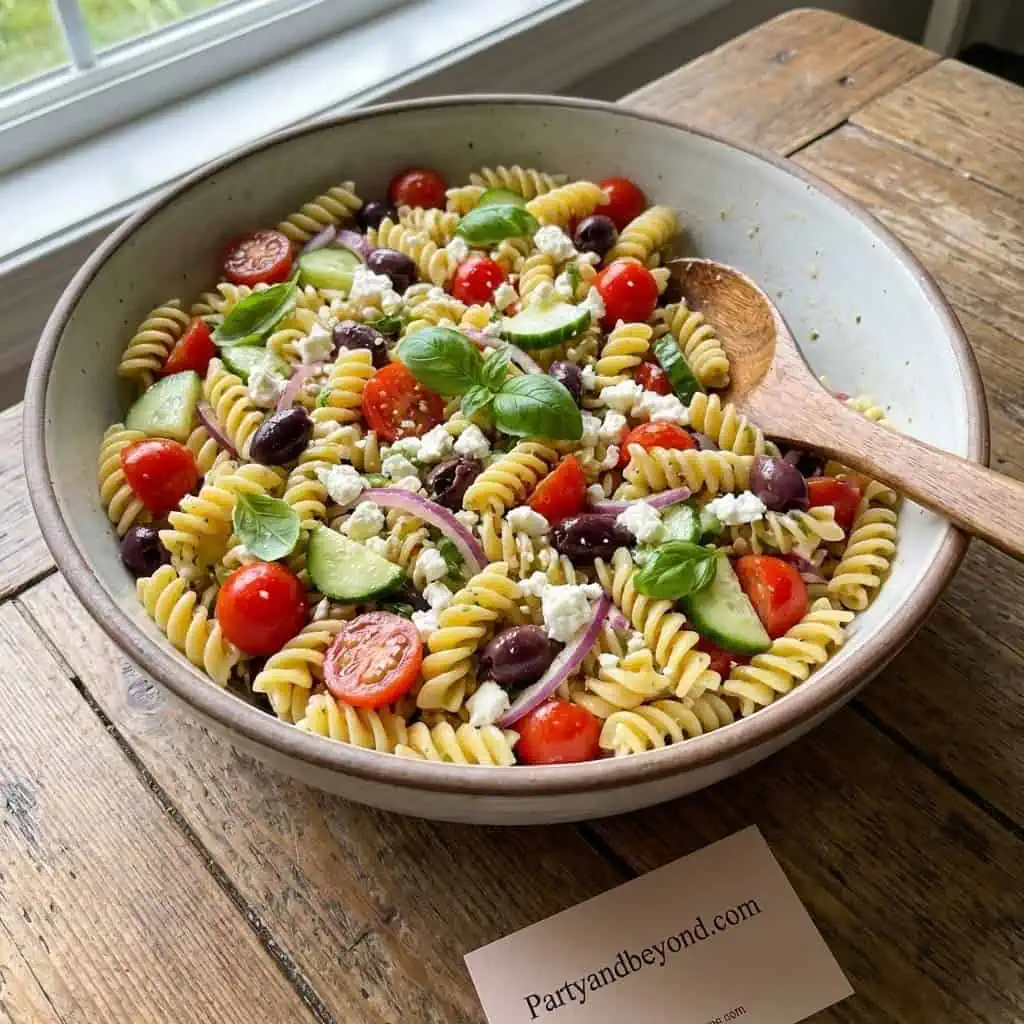 Colorful pasta salad with cherry tomatoes, cucumbers, olives, and basil.