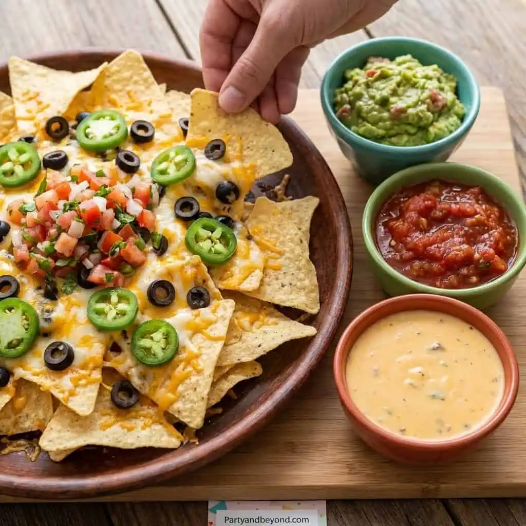 Delicious nachos with cheese, jalapenos, and toppings for a budget-friendly party.