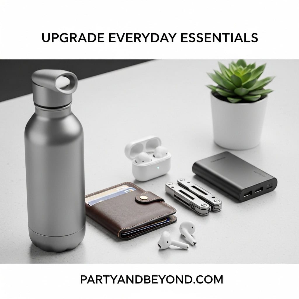 Modern adult essentials including water bottle, earbuds, wallet, and portable charger.